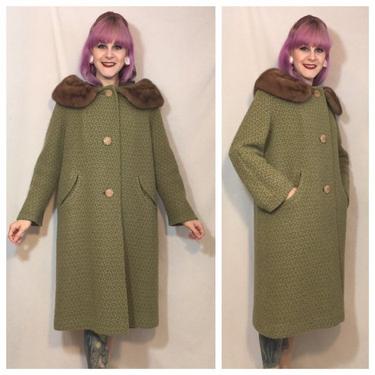 Vintage 1960's Green Wool Coat with Mink Collar 