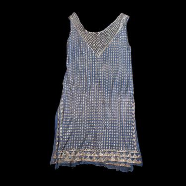 Rare! 1920s Dress / BLUE ASSUIT 20s Flapper Dress / Net and Hammered Metal / Egyptian Revival / Geometric / Shimmering 
