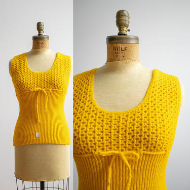 1970s Crochet Blouse / Mustard Yellow Sweater / Vintage 1970s Crocheted Sweater / Crocheted Blouse / Vintage Yellow Sweater Vest 