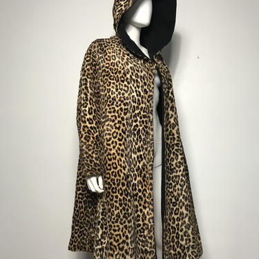 Vtg 60s leopard animal fur hooded reversible swing coat S/M 
