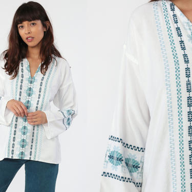 White Hippie Shirt Embroidered Top Aztec Mexican Blouse Tunic Shirt Tribal Bohemian Vintage Boho Ethnic Guatemalan Medium 