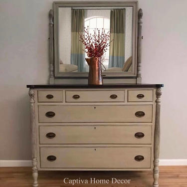 SOLD- Refinished Dresser, Neutral grey, distressed, stained, lacqured top by CaptivaHomeDecor