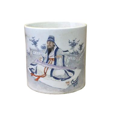 Chinese Off White Porcelain People Graphic Brush Holder Pot cs3799E 