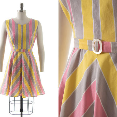 Vintage 1940s Sundress | 40s Striped Chevron Cotton Pastel Pink Yellow Fit and Flare Day Dress (small) 