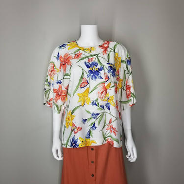 Vintage Floral Blouse, Large / Primary Colors Blouse / Short Sleeve Cocktail Blouse / Rayon Secretary Blouse / Red Blue Yellow Colorful Top 