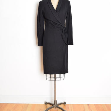 vintage 80s wrap dress black wool knit long sleeve secretary dress M clothing 