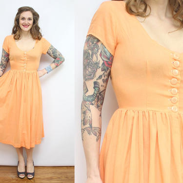 Vintage 80's 90's Orange Midi Dress / 1980's Soft Cotton Spring Summer Dress / Light Weight / Women's Size Large by Ru