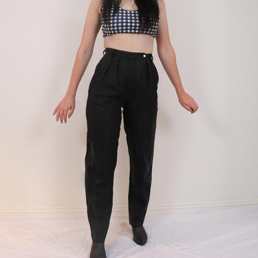 Vintage Black Linen Pants/ 1980s Tapered Trousers/ 80s High Rise Pants/ High Waisted Pants/ 26 Inch Waist/ Size 6/ Vintage Pleated Pants 