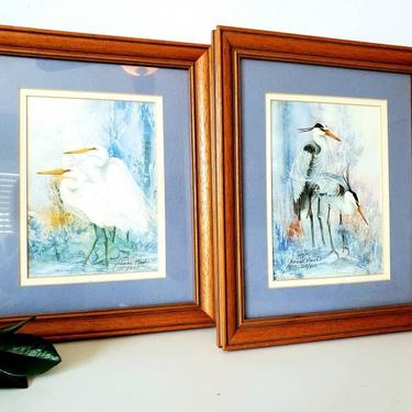 Vintage Signed Numbered Watercolor Print Set of 2 / White & Grey Herons 