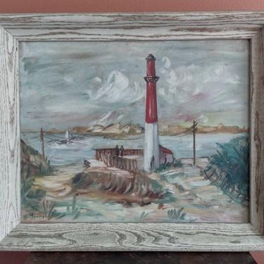 Vintage Signed Oil Painting Lighthouse Nautical Seascape 23x19 