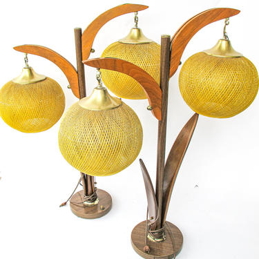 Large Midcentury Modern Sculptural Table Lamps with Walnut Base and Woven Shades (Sold Separately) 