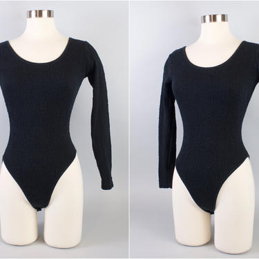 80s Bodysuit High Cut Black Long Sleeved 