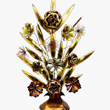 XXL Mid-Century Brutalist Brass & Copper Torch Cut Flower and Leaves Arrangement || Vintage 40&quot; Metal Art Dimensional Decor Display 
