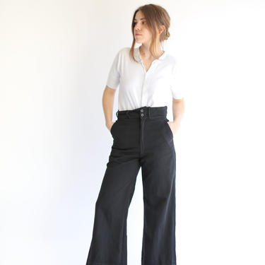 Vintage Black Cotton Drill Pants | Wide Leg Style | High Waist Trouser | 28 29 30 32 Waist Sailor 