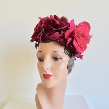 Vintage 1950's 60's Magenta Pink Velvet Rose Floral Hat Sprig Garden Party Rockabilly 50's 60's Millinery Trebor Original 