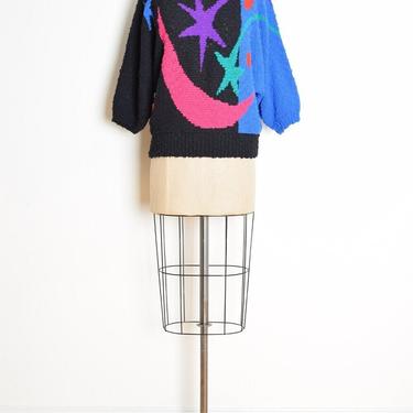 vintage 80s sweater black colorful abstract moon star ugly jumper top shirt L XL clothing 