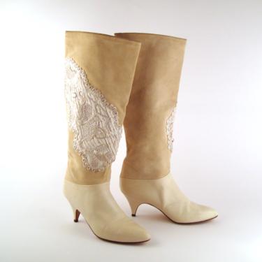 White Vintage Boots 1980s High Heel Phyllis Poland Suede and Leather  size 5 1/2 