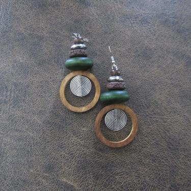 Wooden hoop earrings, mid century modern earrings, rustic bohemian boho earrings, bold statement, unique ethnic earrings, silver and green 2 