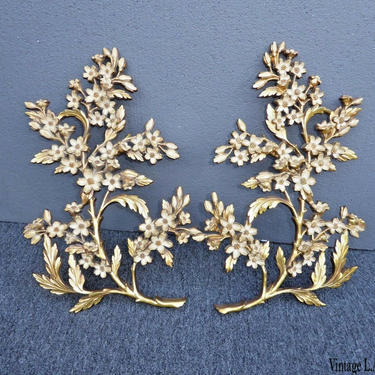 Pair Vintage Mid Century Syroco Gold  &amp; White Floral Branches Wall Plaques 