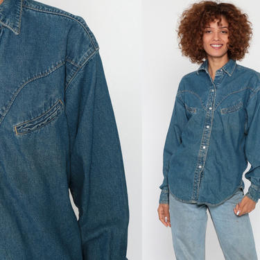Denim Shirt 90s Western Jean Pearl Snap Grunge Blue 1990s Top Long Sleeve Button Up Vintage Extra Small xs s 