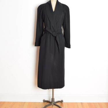 vintage 80s wrap coat black wool twill strong shoulder tie belt jacket L XL clothing 