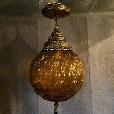 Reproduction Cast Aluminum Pendant Light with Faux Quilted Amber Glass Shade