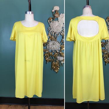 1970s nightgown, backless, yellow nylon, vintage nightie, flutter sleeve, size large, 1970s lingerie, open back, 38 bust, vintage sleepwear 