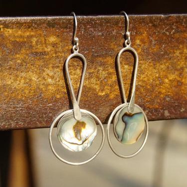 Vintage Modernist Sterling Silver & Abalone Dangle Earrings, Abstract Silver Earrings, Iridescent Shell Inlay, ATI925 Mexico, 2 5/8&quot; Long 