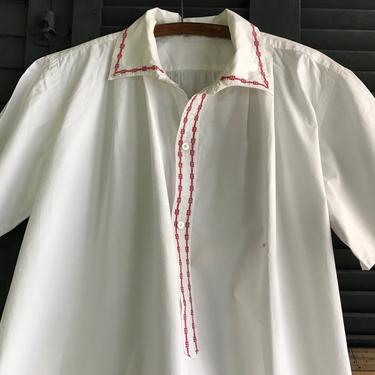 French Linen Nightshirt, Chemise, Nightgown, Smock, Red Trim, Monogram, French Farmhouse 