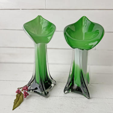 Vintage Italian Art Glass 'Jack In The Pulpit Lily' Vase, Set of 2 | Vintage Green And White Lily Vase, Italian Glass Vase, Perfect Gift 