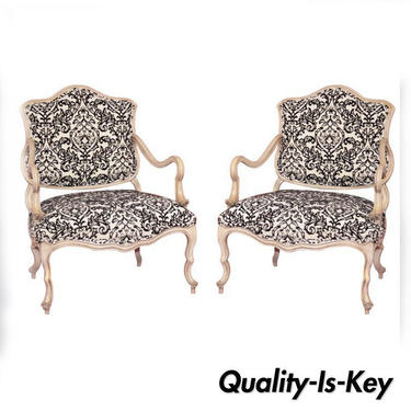 Pair Vtg Italian Hollywood Regency Carved Wood Low Boudoir Chairs Blk Wht Damask