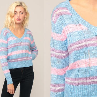 Pastel Sweater 70s Striped Sweater Baby Blue Purple Pink V Neck Knit Pullover 80s Vintage Semi Sheer Small Medium 
