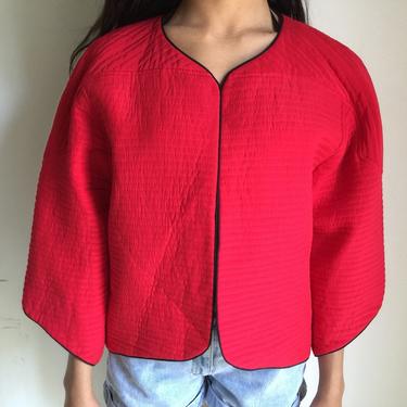 Vtg 80s red silk quilted origami cropped avant garde kimono dress jacket 