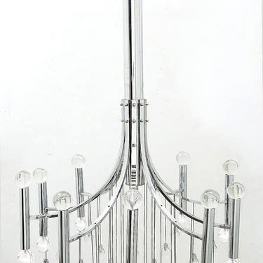 Large Italian 1970's Gaetano Sciolari Style Chrome Ten Light Chandelier with Glass Pendants