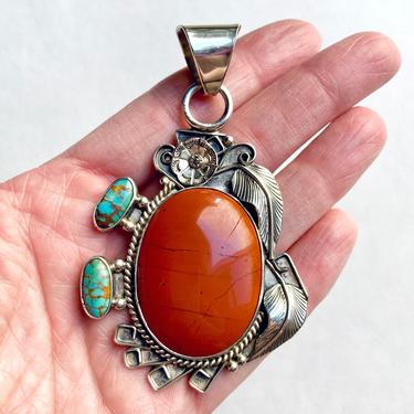 Huge Lucille Calladitto Navajo Sterling Silver Red Jasper Turquoise Pendant 35g 