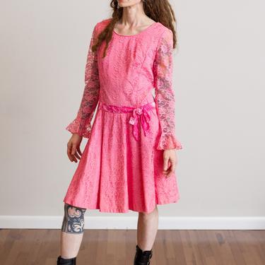 Size S • 1960s Bright Pink Drop Waist Lace Party Dress 