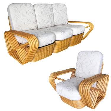 Restored Paul Frankl Six-Strand Rattan Sofa and Lounge Chair Set 