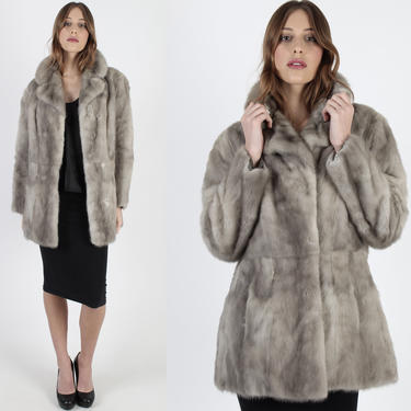 Vintage 60s Silver Mink Coat Grey Fur Back Collar Mink Fur Coat 1960s Real Fur Wedding Trench Style Pockets Plush Belted Swing Jacket 