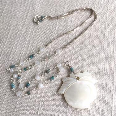 The Orchard Keeper [assemblage necklace: mother of pearl, moonstone, apatite, sterling silver] 