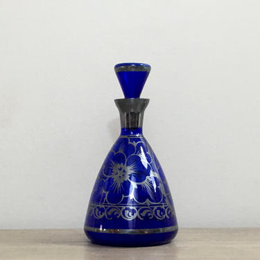 Small Bohemian Glass Decanter Bottle Cobalt Blue Silver Detailing Boho Chic 