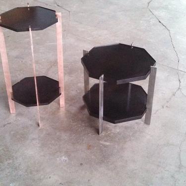 Stainless steel and Copper metal end tables. 