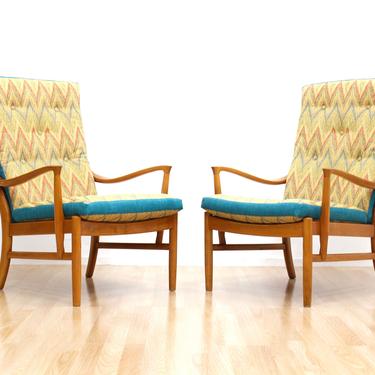 Pair of Mid Century Lounge Chairs by Cintique Furniture in Striped Chevron 