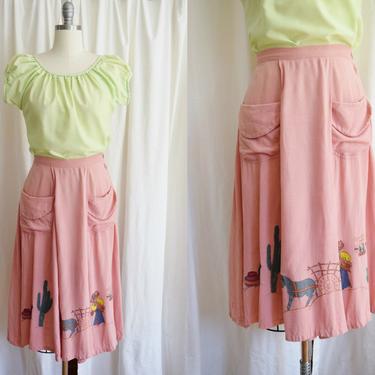 Late 1940s Mexican Themed Hand-Painted Skirt | Pink Linen Circle Skirt 
