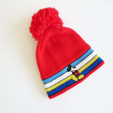 Vintage Mickey Mouse Pom Pom Beanie - 80s Red Rainbow Stripe Mickey Knit Beanie Hat - Disney Beanie 