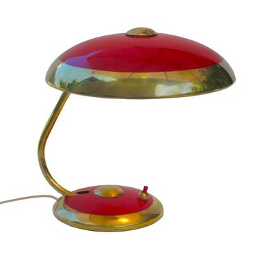Vintage Mid Century German Table Lamp, Red with Brass Trim