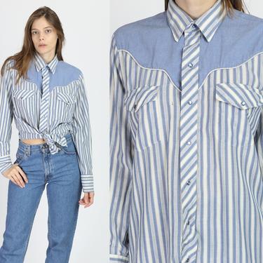 70s Kenny Rogers Blue Pearl Snap Western Shirt - Men's Medium | Vintage Long Sleeve Striped Rockabilly Unisex Top 