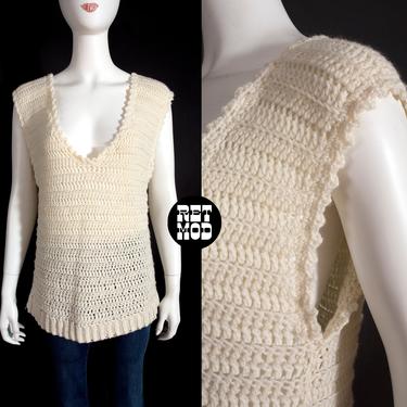 Boho Vintage 70s Cream Crochet Hippie Top Vest 