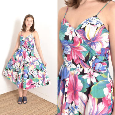 Vintage 1980s Dress / 80s Hawaiian Floral Cotton Party Dress / Blue Pink ( medium M ) 