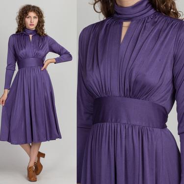 70s Purple Ruched Keyhole Neck Dress - Small to Medium | Vintage Joy Stevens Turtleneck Long Sleeve Disco Midi Dress 