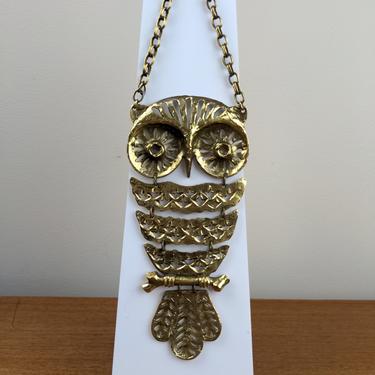 Vintage Louis Giusti Statement Necklace | Large Articulated Owl | Goldtone | Brutalist 
